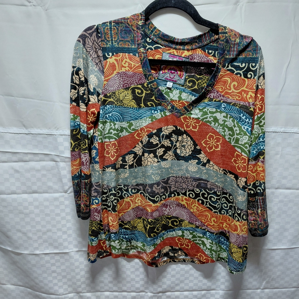 Johnny Was Multicolor Patchwork Floral V-Neck Long Sleeve Top